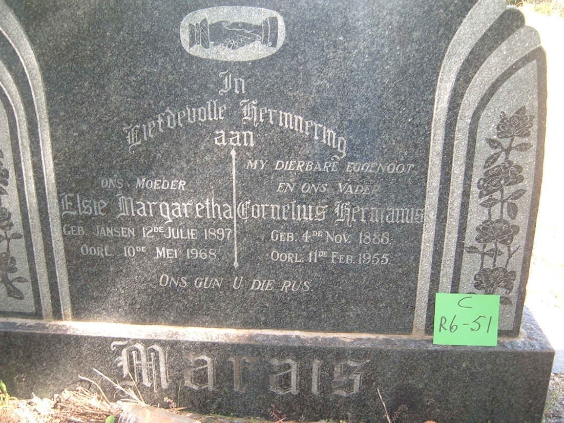 MARAIS Cornelius Hermanus 1886-1955 &amp; Elsie Margaretha JANSEN 1897-1968