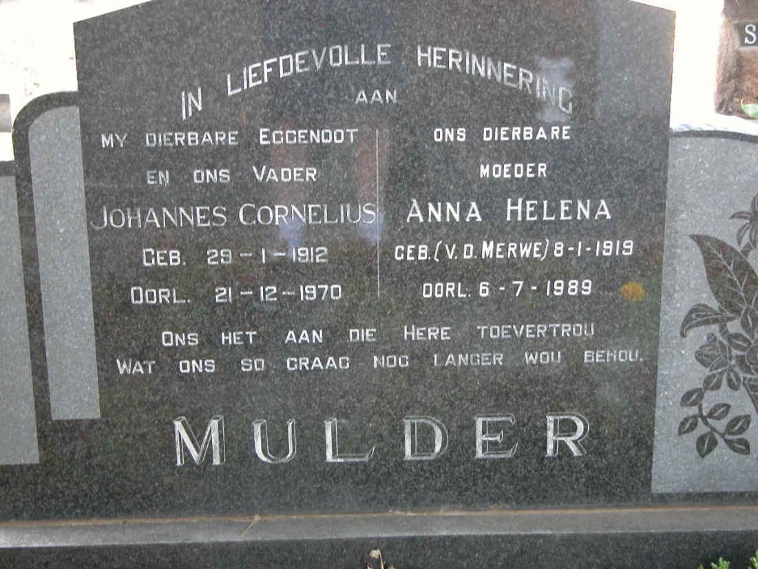 MULDER Johannes Cornelius 1912-1970 &amp; Anna Helena V.D. MERWE 1919-1989