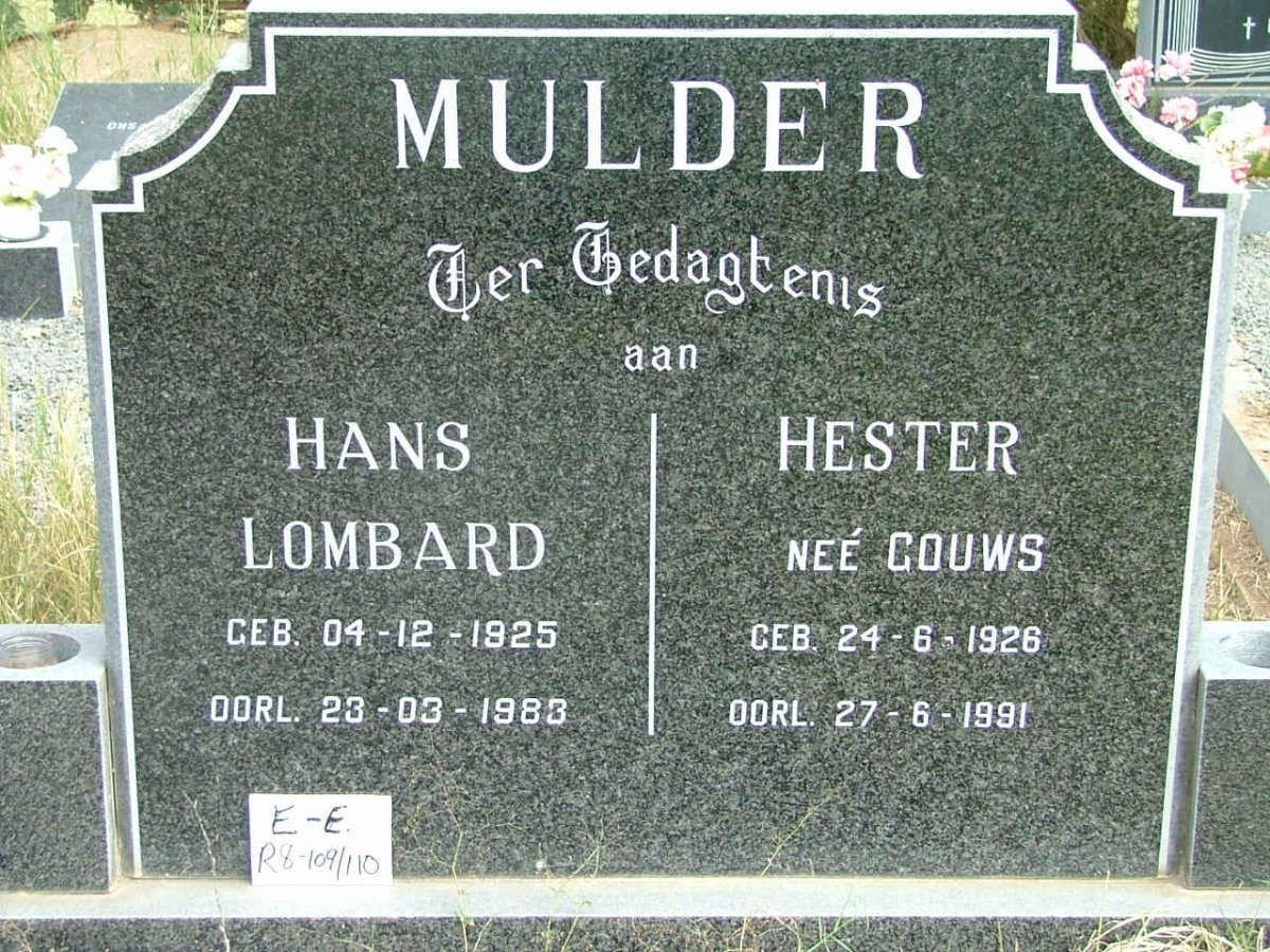 MULDER Hans Lombard 1925-1983 &amp; Hester GOUWS 1926-1991