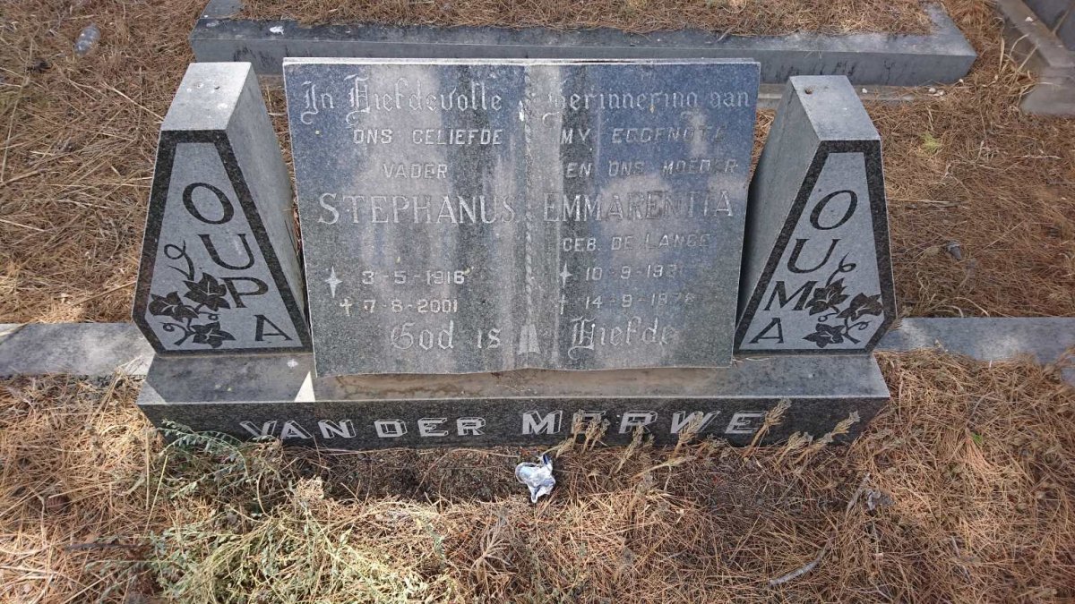 MERWE Stephanus, van der 1916-2001 &amp; Emmarentia DE LANGE 1921-197?