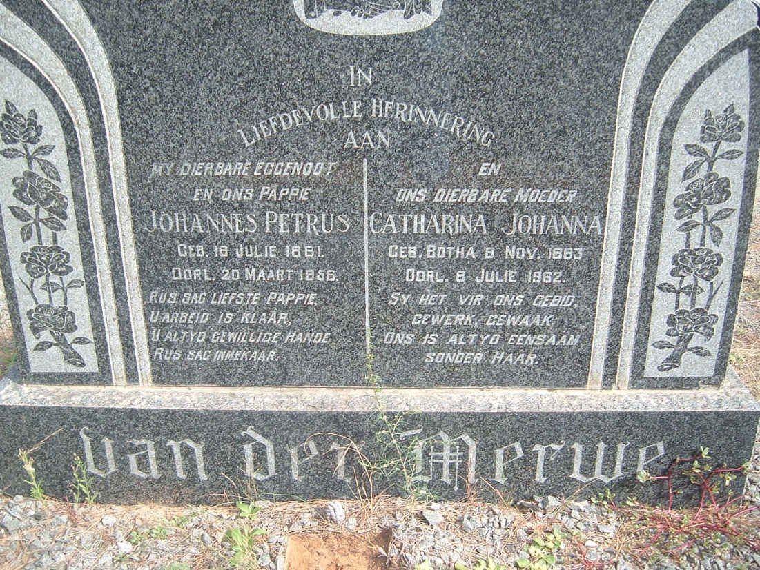 MERWE Johannes Petrus, van der 1881-1958 &amp; Catharina Johanna BOTHA 1883-1962