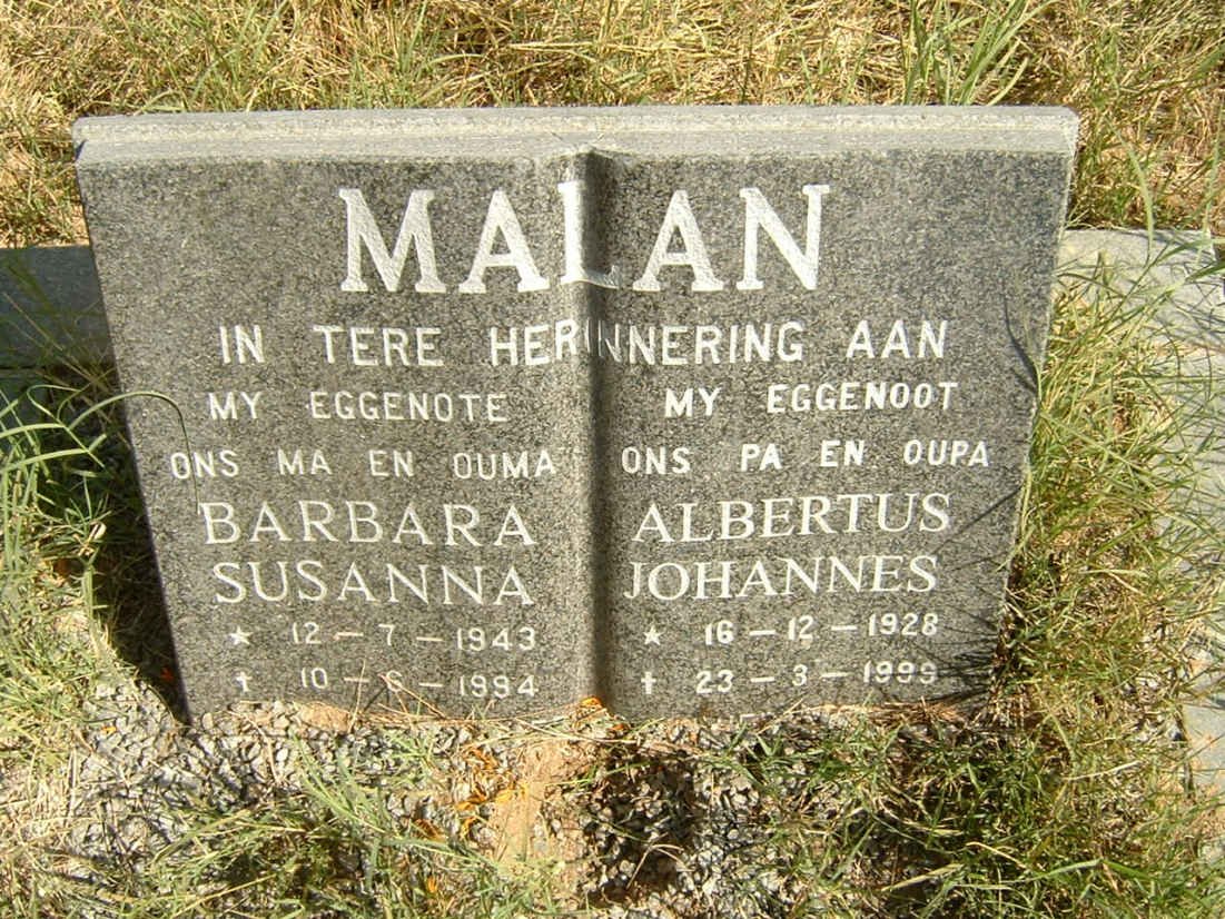 MALAN Albertus Johannes 1928-1999 &amp; Barbara Susanna 1943-1994