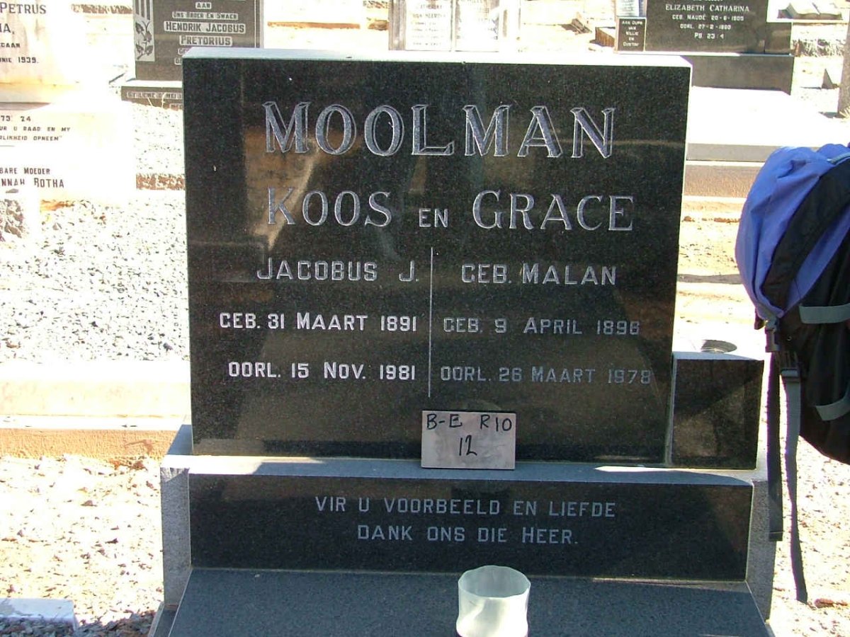 MOOLMAN Jacobus J. 1891-1981 &amp; Grace MALAN 1896-1978