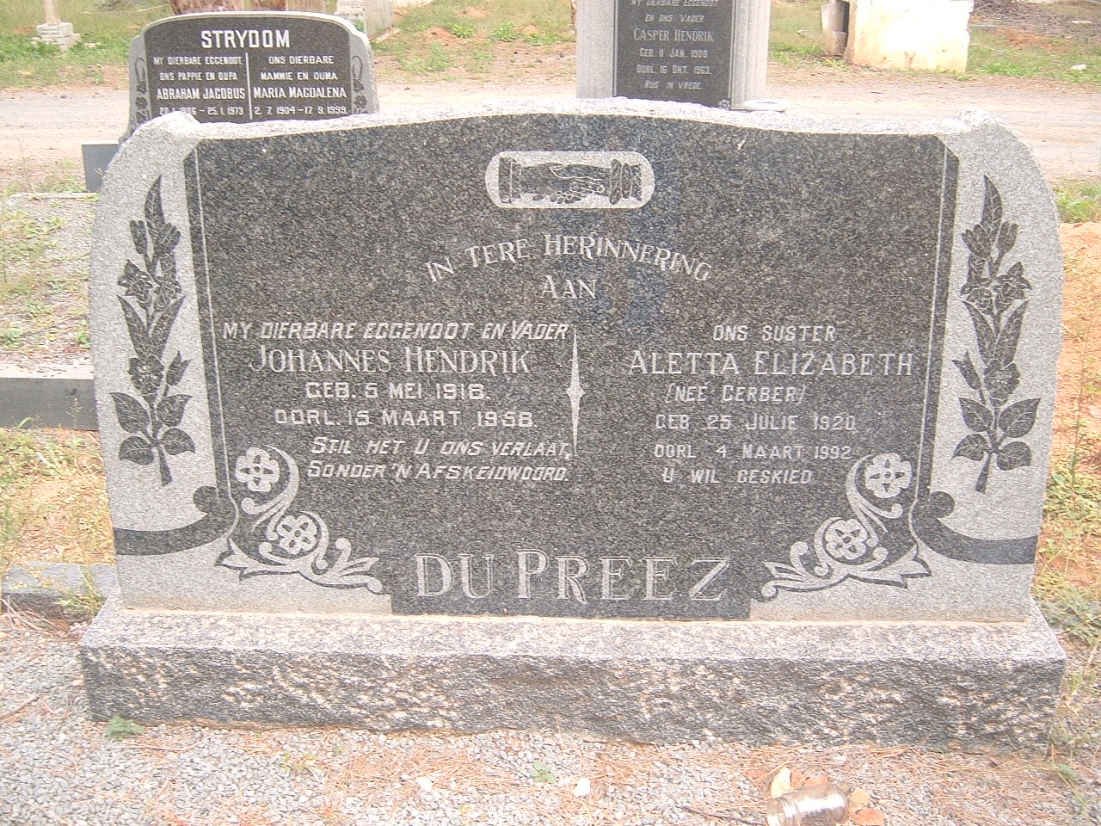 PREEZ Johannes Hendrik, du 1918-1958 &amp; Aletta Elizabeth GERBER 1920-1992
