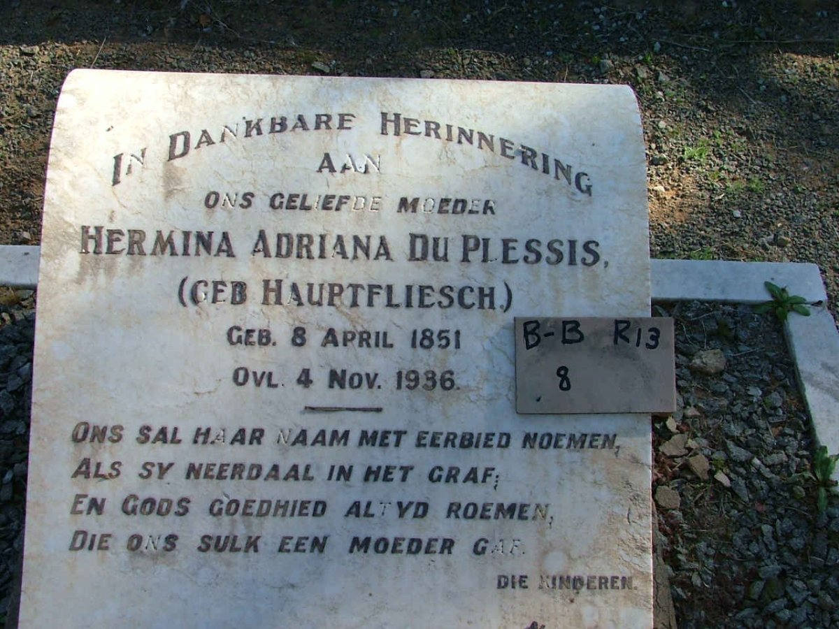 PLESSIS Hermina Adriana, du nee HAUPTFLIESCH 1851-1936