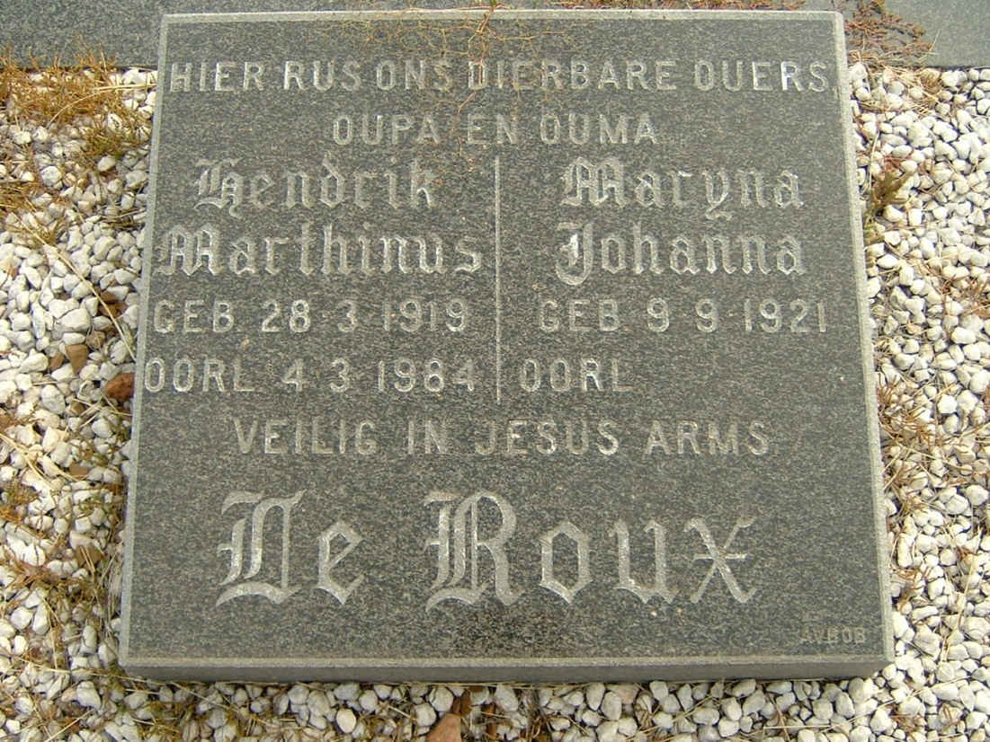 ROUX Hendrik Marthinus, le 1919-1984 &amp; Maryna Johanna 1921-