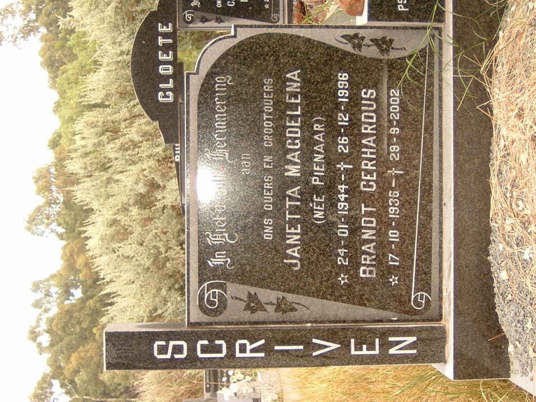 SCRIVEN Brandt Gerhardus 1936-2002 &amp; Janetta Magdelena PIENAAR 1944-1996