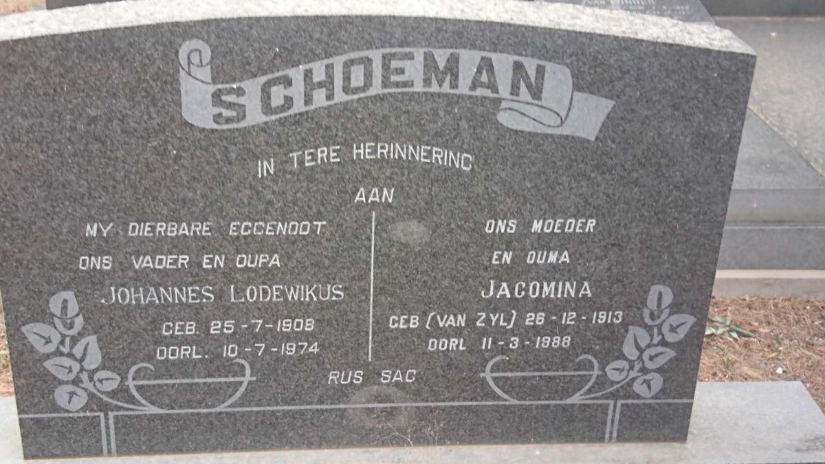 SCHOEMAN Johannes Lodewikus 1908-1974 &amp; Jacomina VAN ZYL 1913-1988