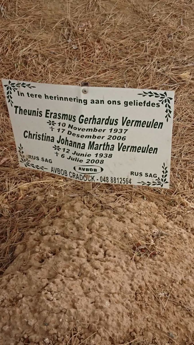 VERMEULEN Theunis Erasmus Gerhardus 1937-2006 &amp; Christina Johanna Martha 1938-2008