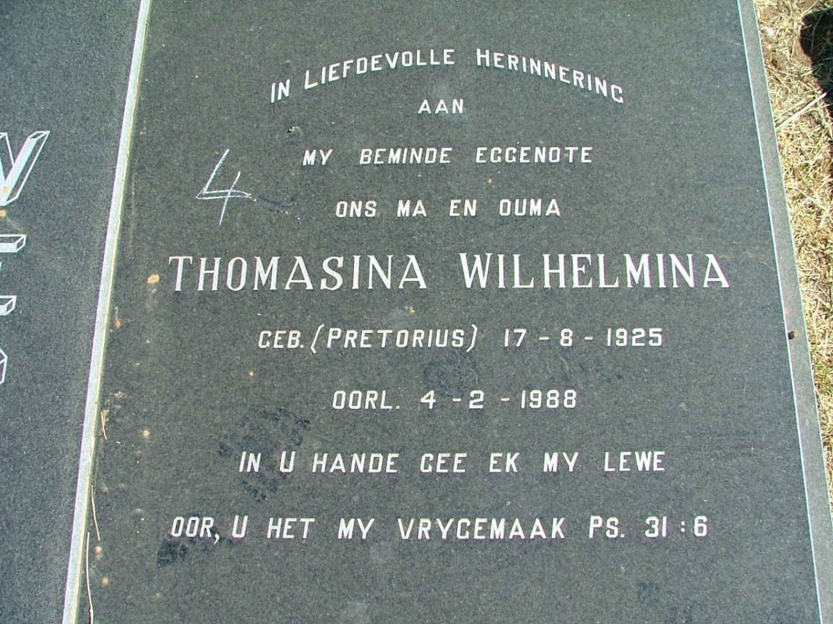 VERSTER Thomasina Wilhelmina nee PRETORIUS 1925-1988