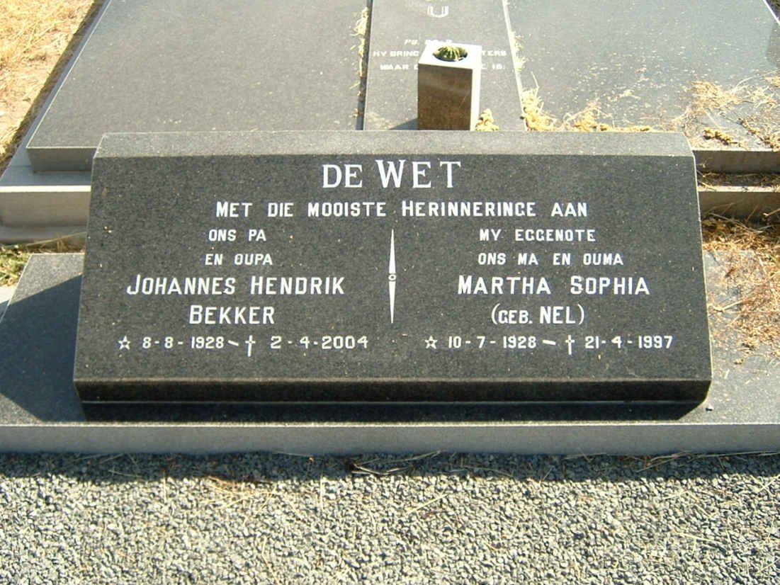 WET Johannes Hendrik Bekker, de 1928-2004 &amp; Martha Sophia NEL 1928-1997