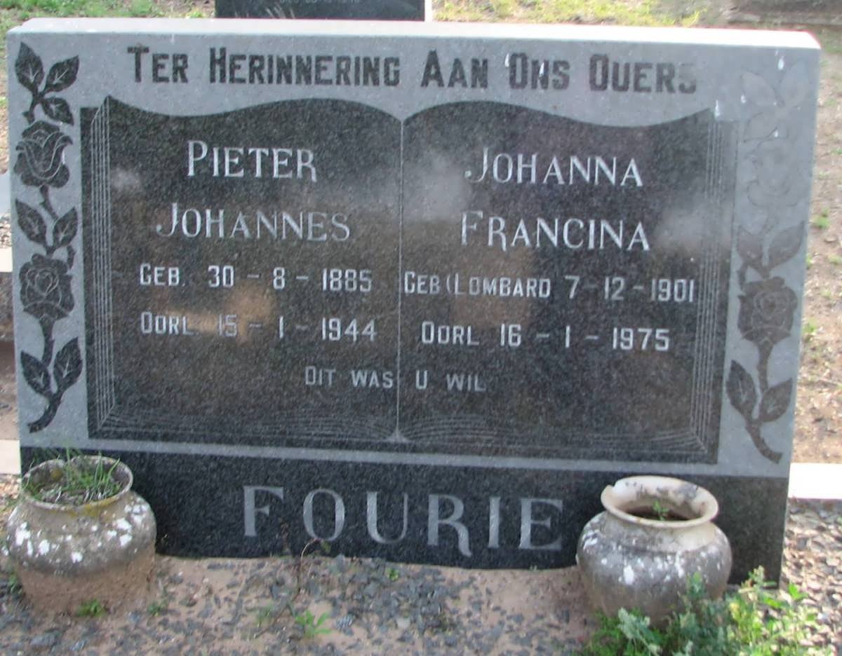 FOURIE Pieter Johannes 1885-1944 &amp; Johanna Francina LOMBARD 1901-1975