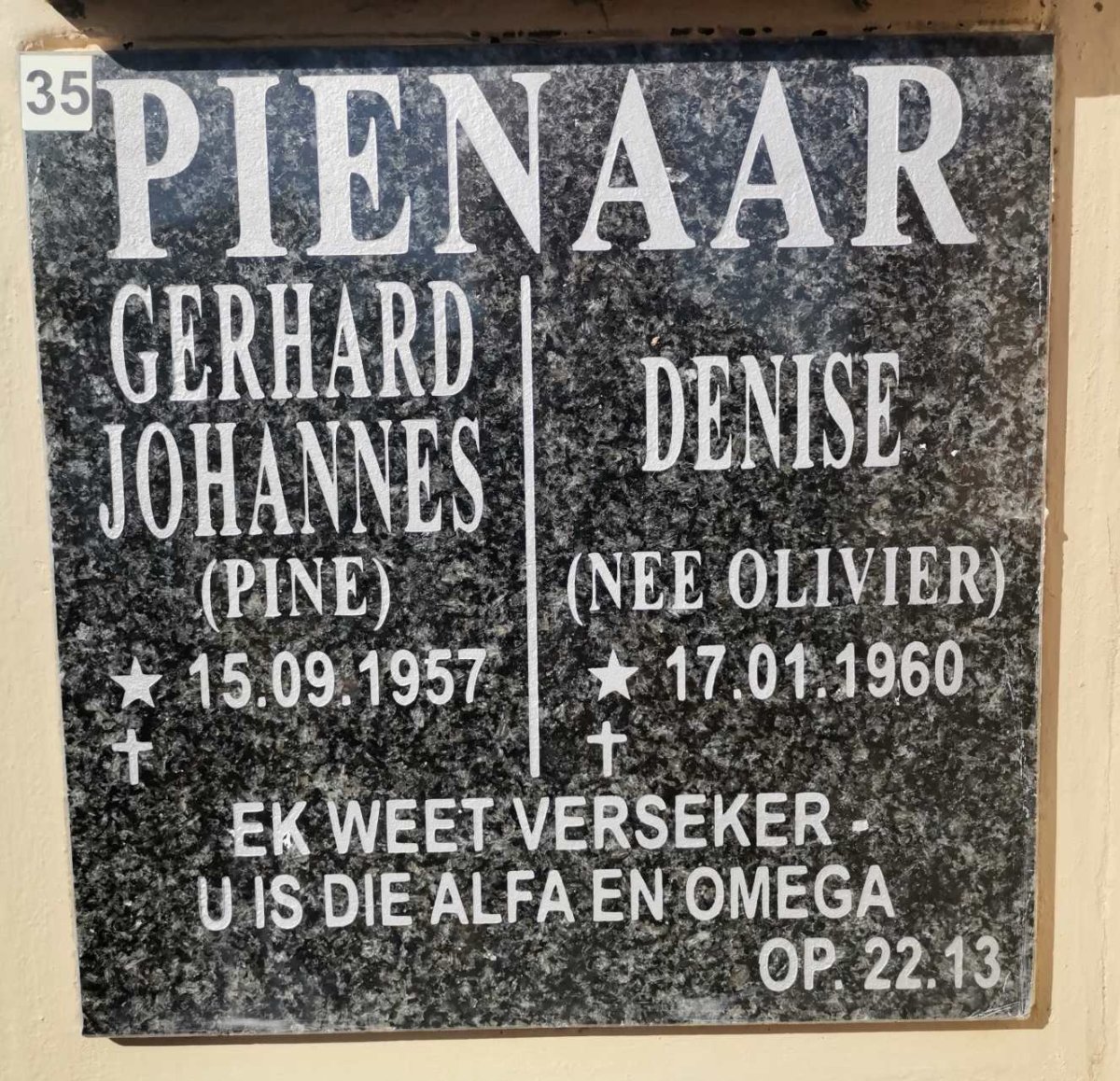 PIENAAR Gerhard Johannes 1957- &amp; Denise OLIVIER 1960-
