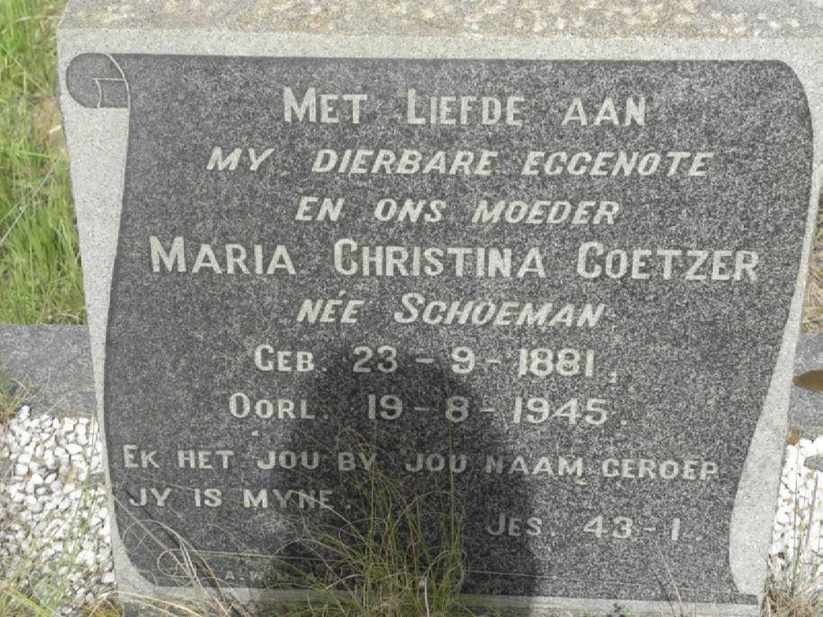 COETZER Maria Christina nee SCHOEMAN 1881-1945
