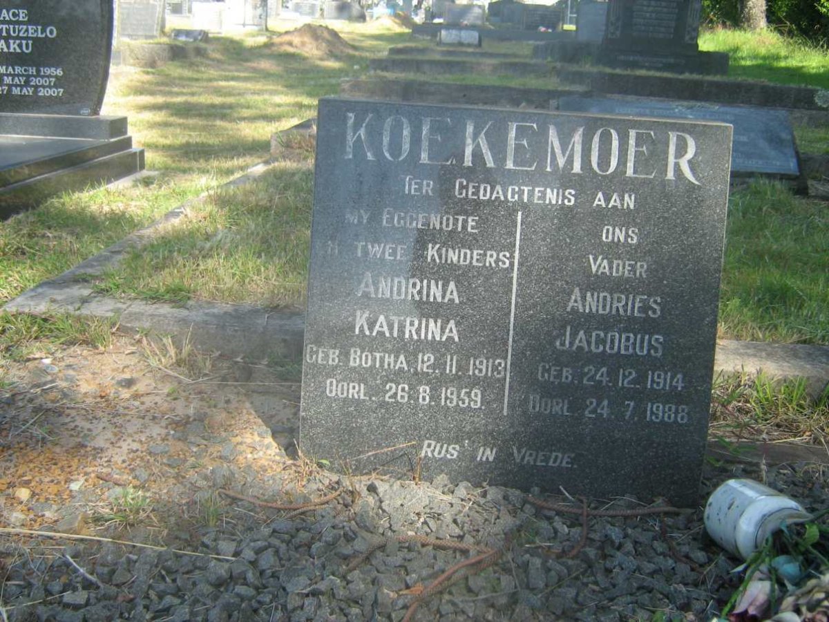KOEKEMOER Andries Jacobus 1914-1988 &amp; Andrina Katrina BOTHA 1913-1959