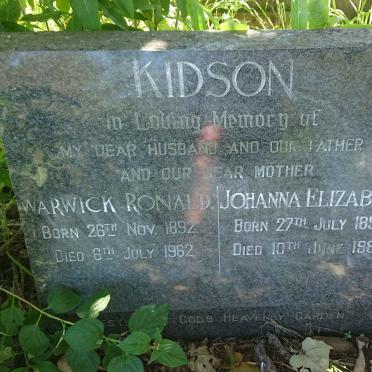 KIDSON Warwick Ronald 1892-1962 &amp; Johanna Elizabeth 1896-1984