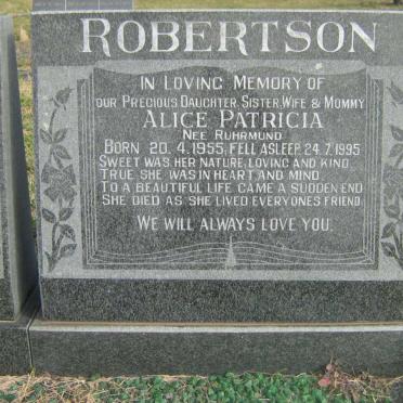 ROBERTSON Alice Patricia nee RUHRMUND 1955-1995