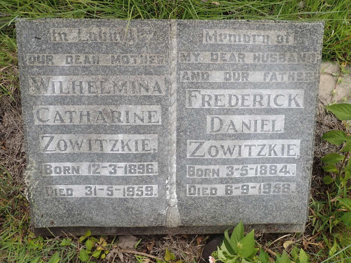 ZOWITZKIE Frederick Daniel 1884-1958 &amp; Wilhelmina Catharine 1896-1959