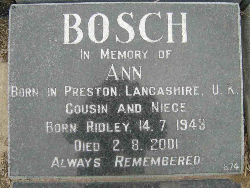 BOSCH Ann nee RIDLEY 1943-2001