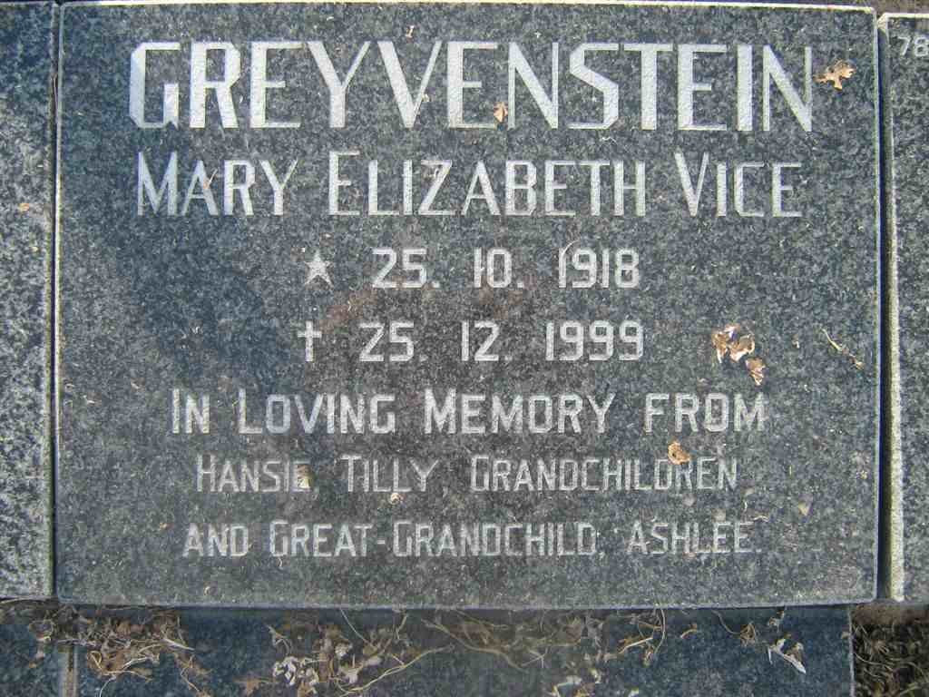 GREYVENSTEIN Mary Elizabeth Vice 1918-1999
