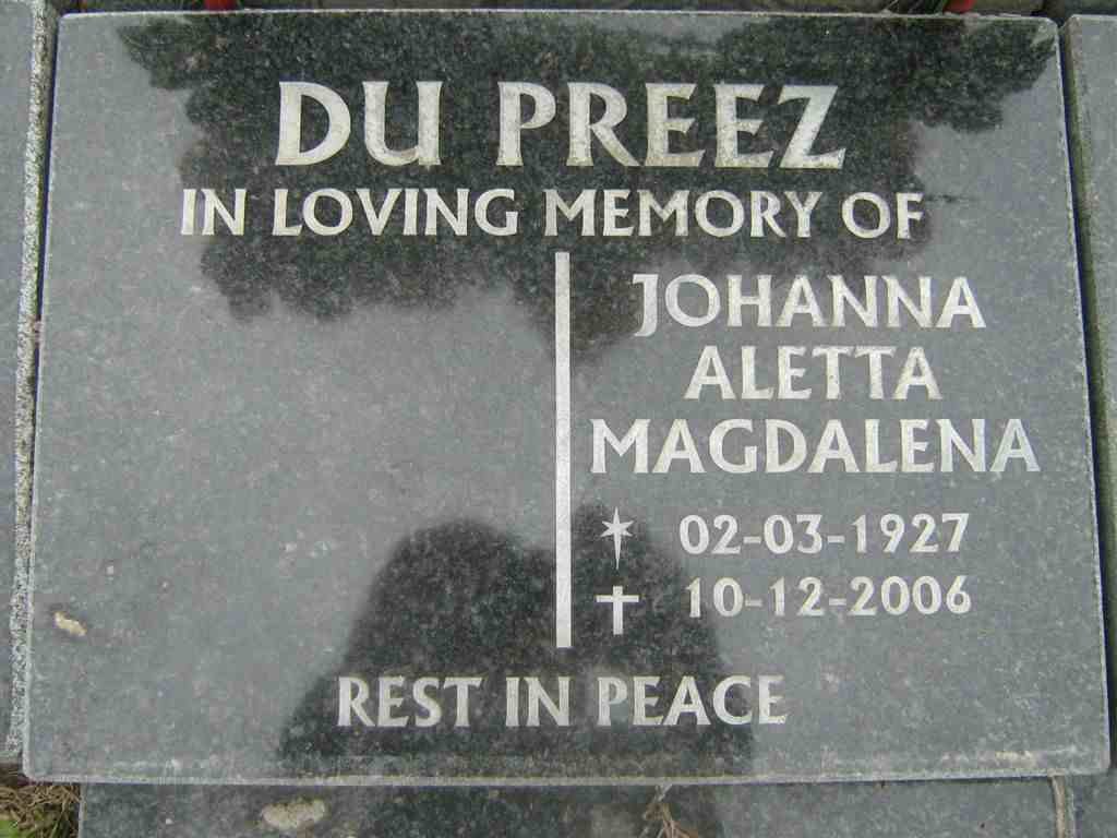 PREEZ Johanna Aletta Magdalena, du 1927-2006