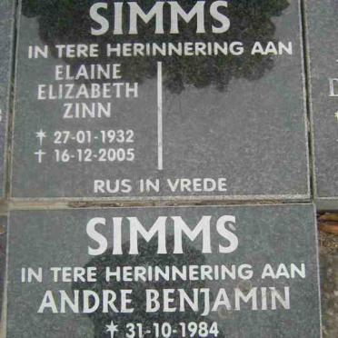 SIMMS Andre Benjamin 1984-2002 &amp; Elaine Elizabeth Zinn 1932-2005