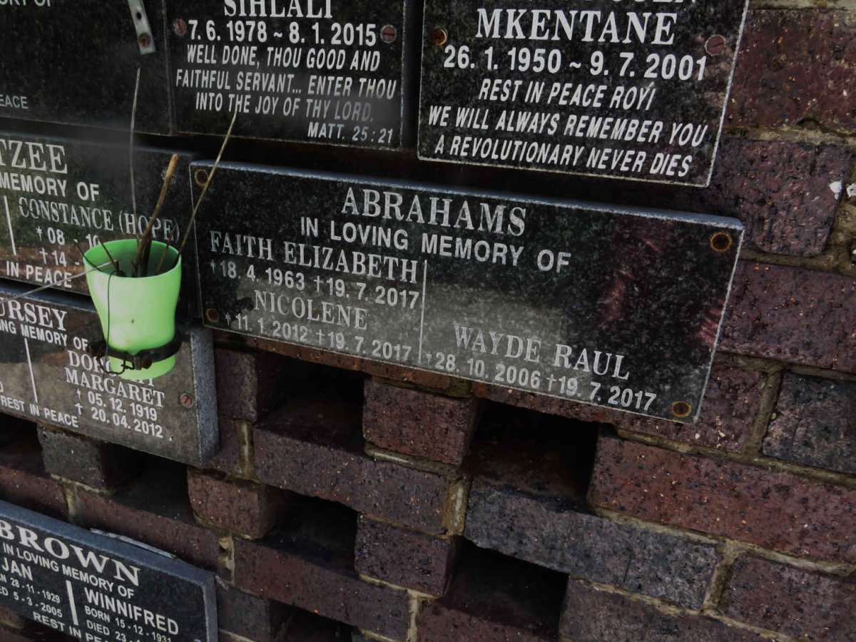 ABRAHAMS Faith Elizabeth 1963-2017 :: ABRAHAMS Wayde Raul 2006-2017 :: ABRAHAMS Nicolene 2012-2017