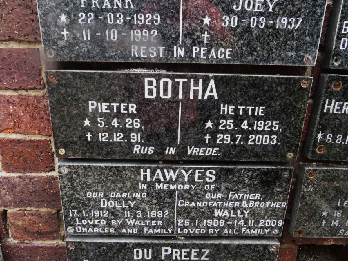 BOTHA Pieter 1926-1991 &amp; Hettie 1925-2003