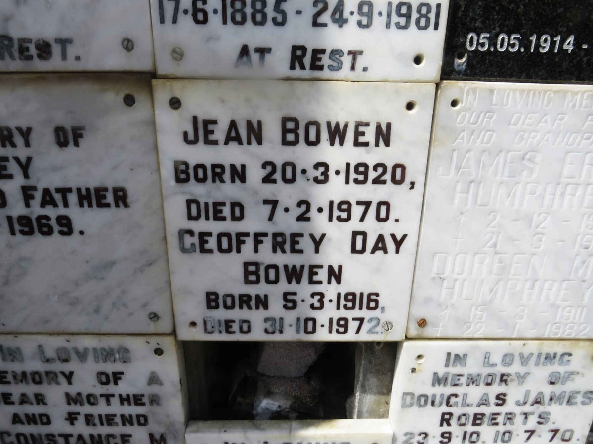 BOWEN Geoffrey Day 1916-1972 &amp; Jean 1920-1970