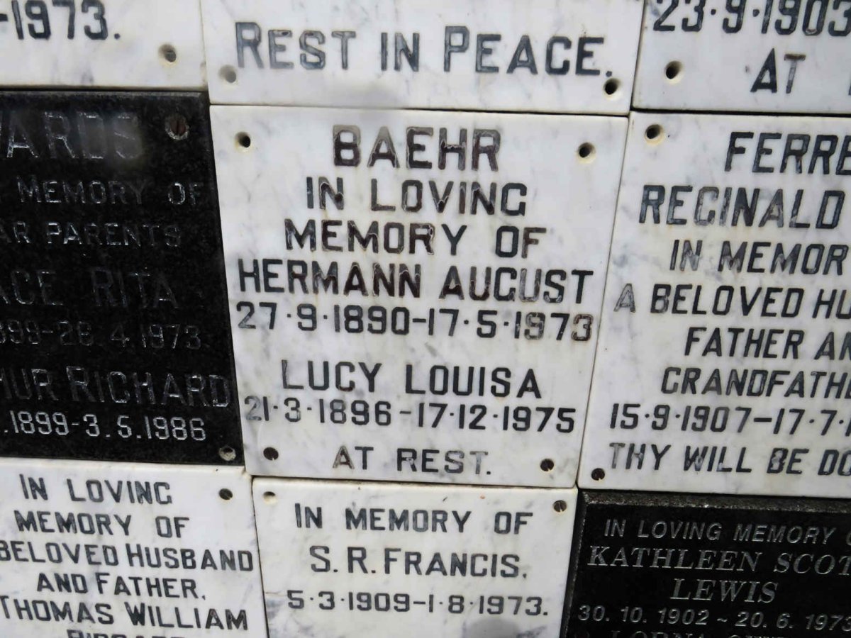 BAEHR Hermann August 1890-1973 &amp; Lucy Louisa 1896-1975