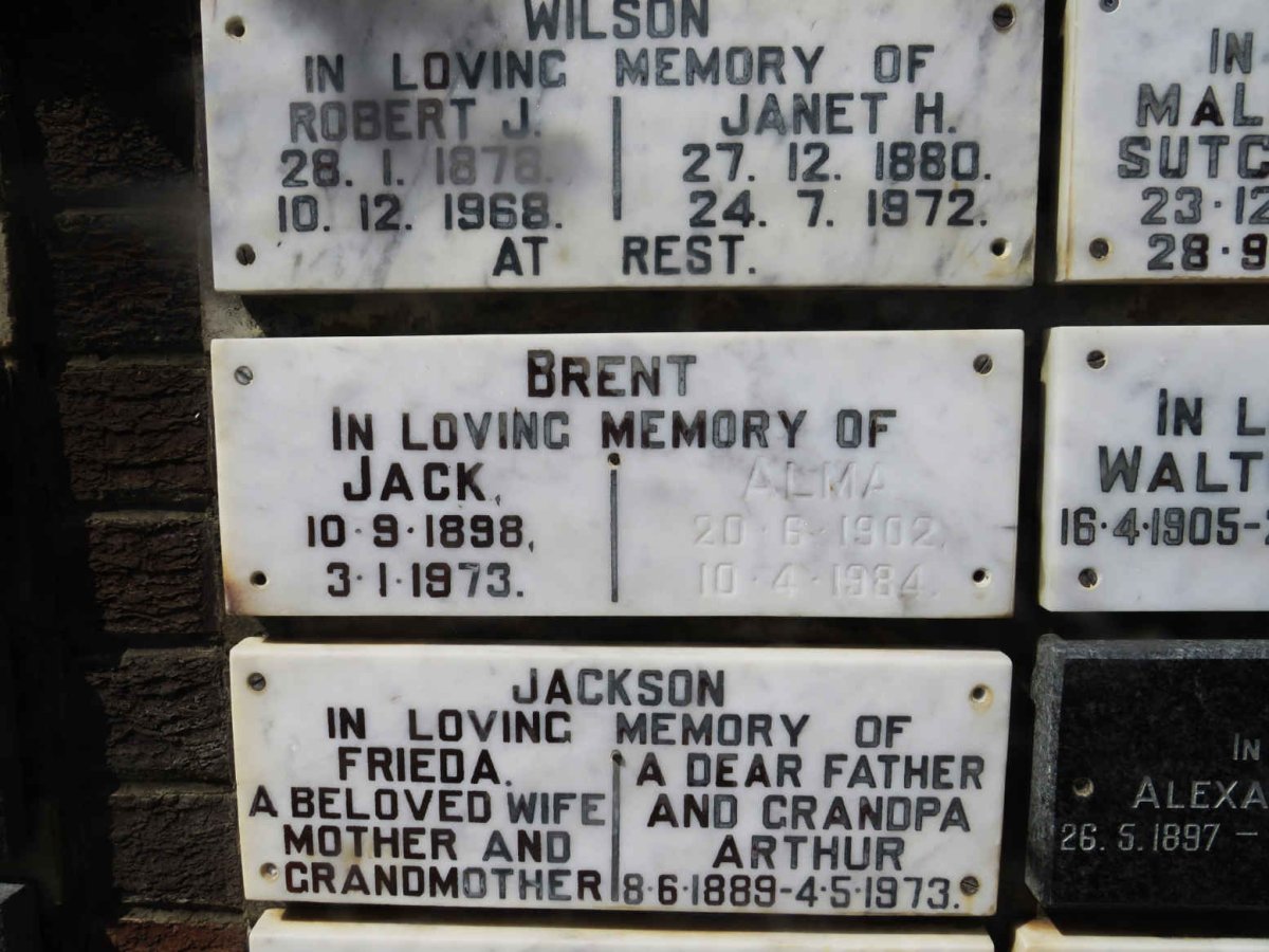 BRENT Jack 1898-1973 &amp; Alma 1902-1984
