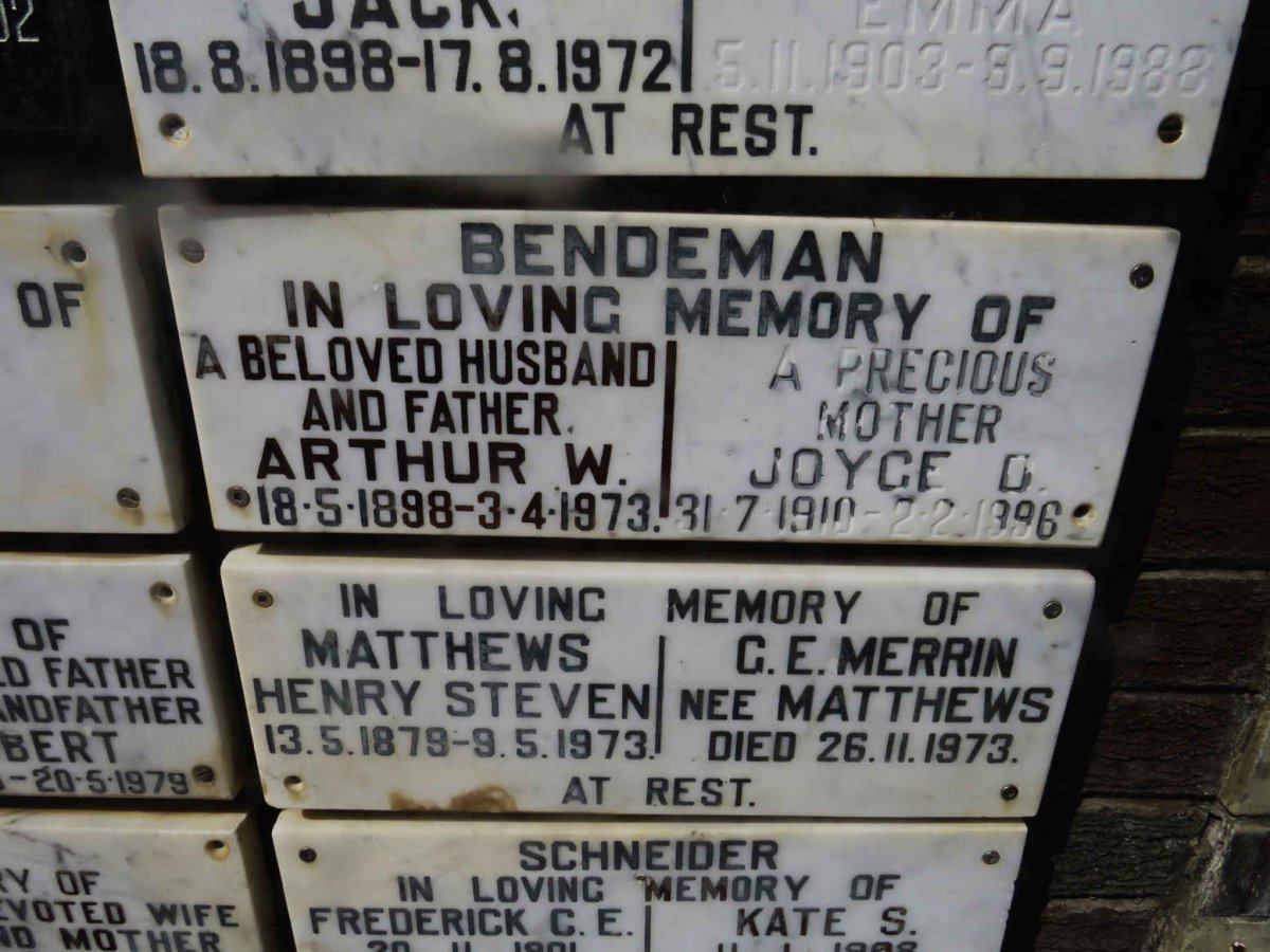 BENDEMAN Arthur W. 1898-1973 & Joyce D. 1910-1996