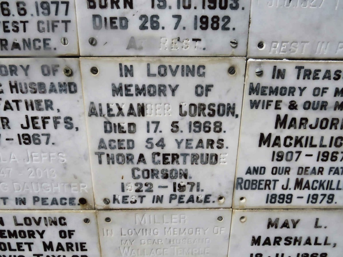 CORSON Alexander -1968 &amp; Thora Gertrude 1922-1971