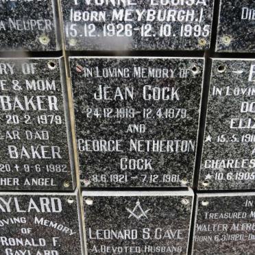 COCK George Netherton 1921-1981 &amp; Jean 1919-1979