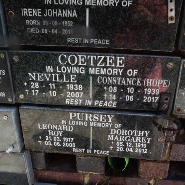 COETZEE Neville 1938-2007 &amp; Constance 1939-2017