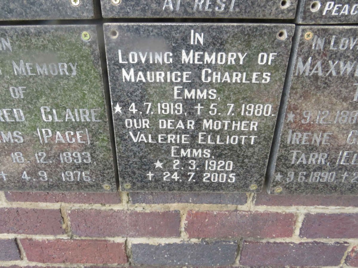 EMMS Maurice Charles 1919-1980 &amp; Valerie Elliot 1920-2005
