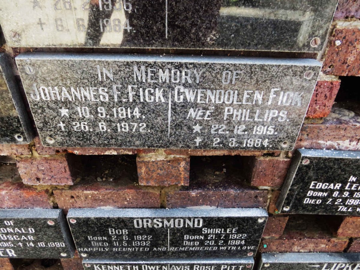 FICK Johannes F. 1914-1972 &amp; Gwendolen PHILLIPS 1915-1984