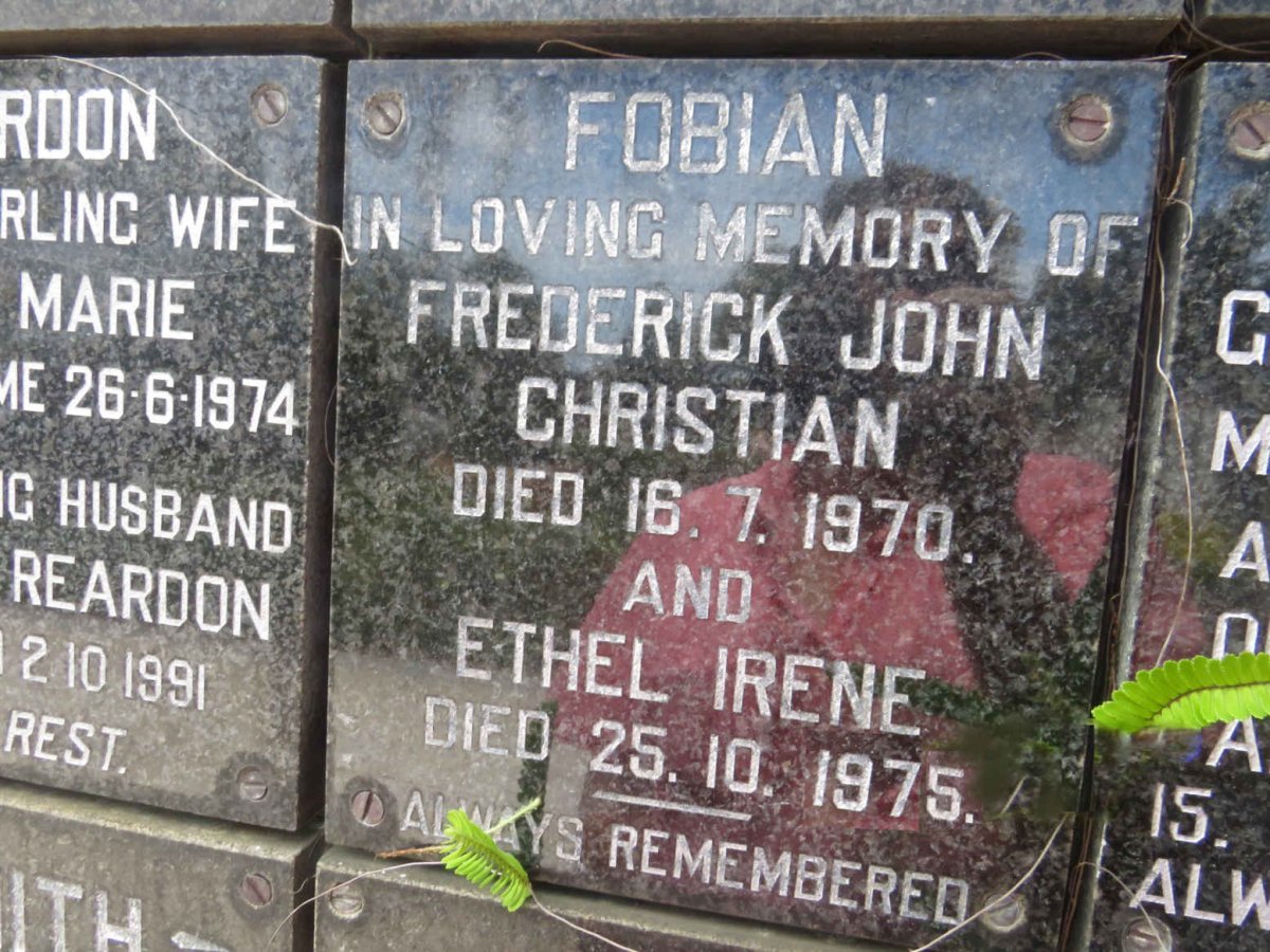 FOBIAN Frederick John Christian -1970 &amp; Ethel Irene -1975