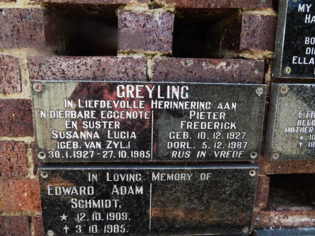 GREYLING Pieter Frederick 1927-1987 &amp; Susanna Lucia VAN ZYL 1927-1985