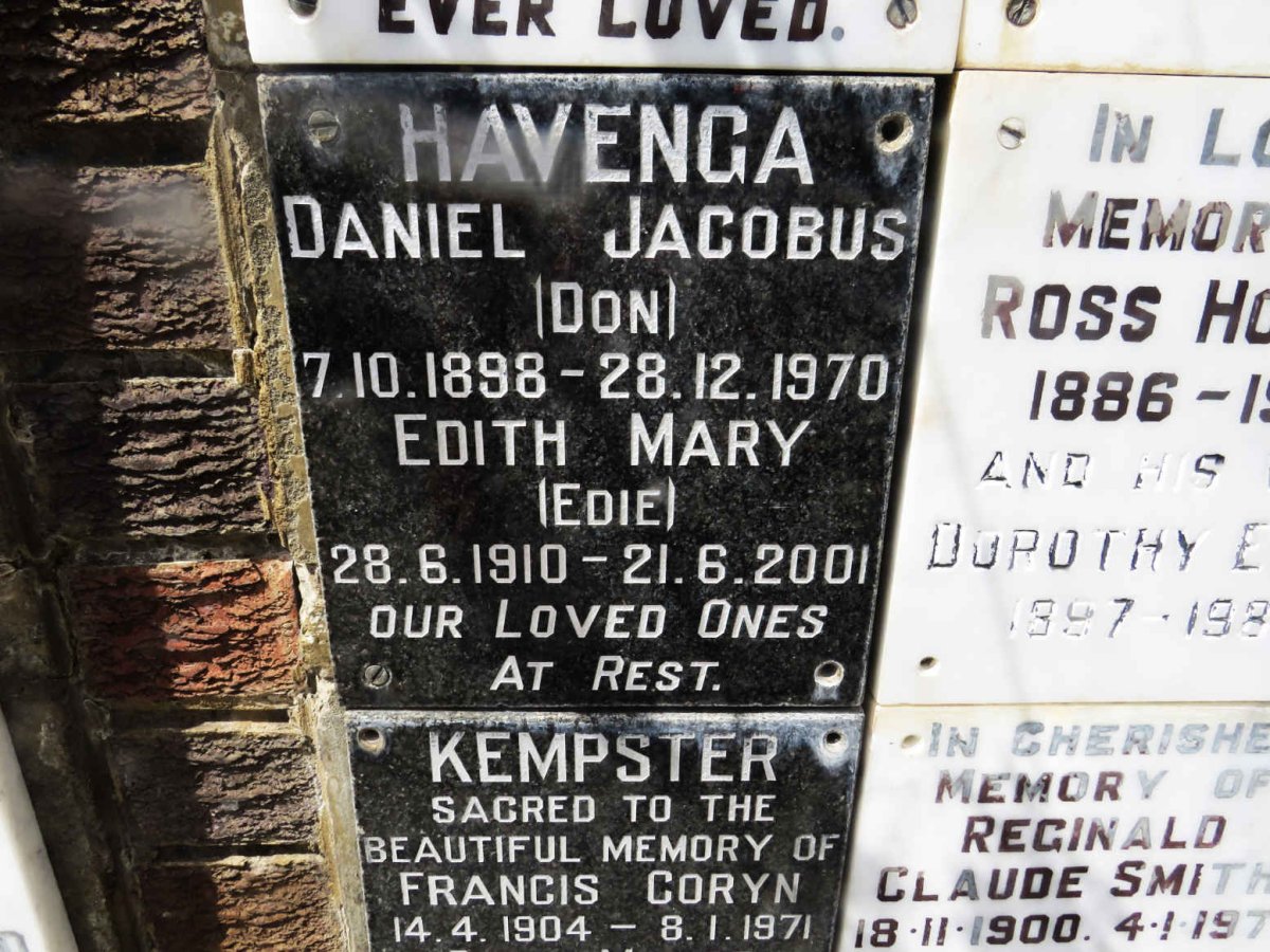 HAVENGA Daniel Jacobus 1898-1970 &amp; Edith Mary 1910-2001