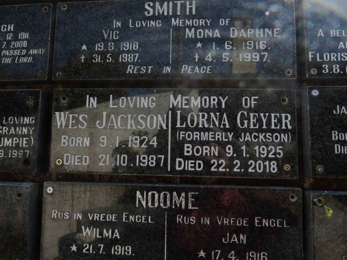 JACKSON Wes 1924-1987 :: GEYER Lorna formerly JACKSON 1925-2018