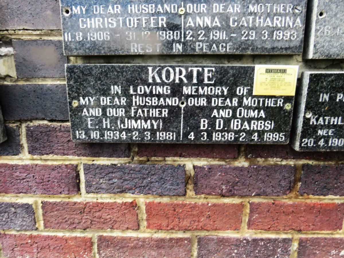 KORTE E.H. 1934-1981 &amp; B.D. 1938-1995