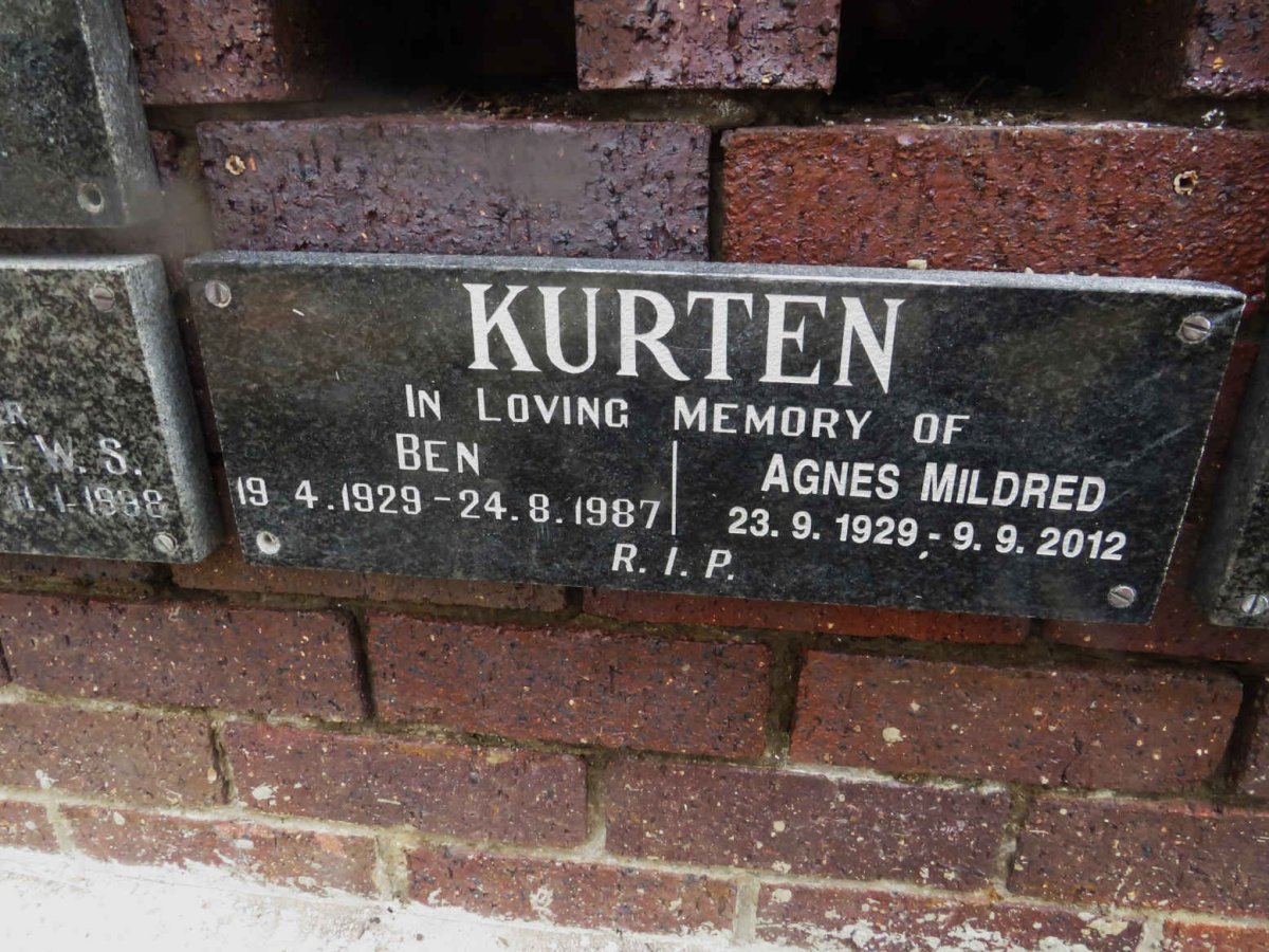 KURTEN Ben 1929-1987 &amp; Agnes Mildred 1929-2012