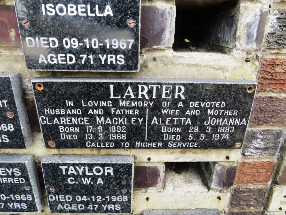 LARTER Clarence Mackley 1892-1968 &amp; Aletta Johanna 1893-1974