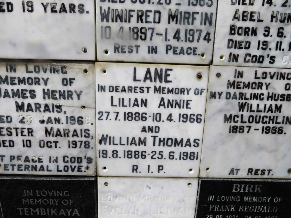 LANE William Thomas 1886-1981 &amp; Lilian Annie 1886-1966