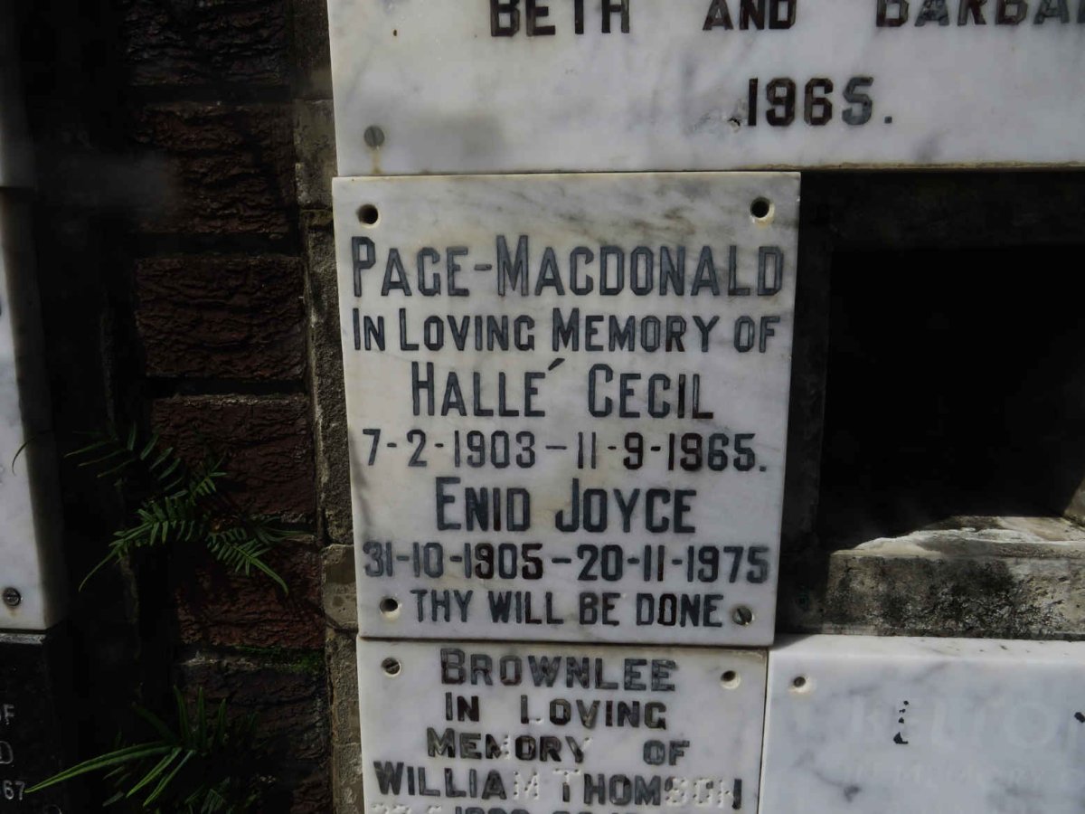 MACDONALD Halle Cecil, PAGE 1903-1965 &amp; Enid Joyce 1905-1975