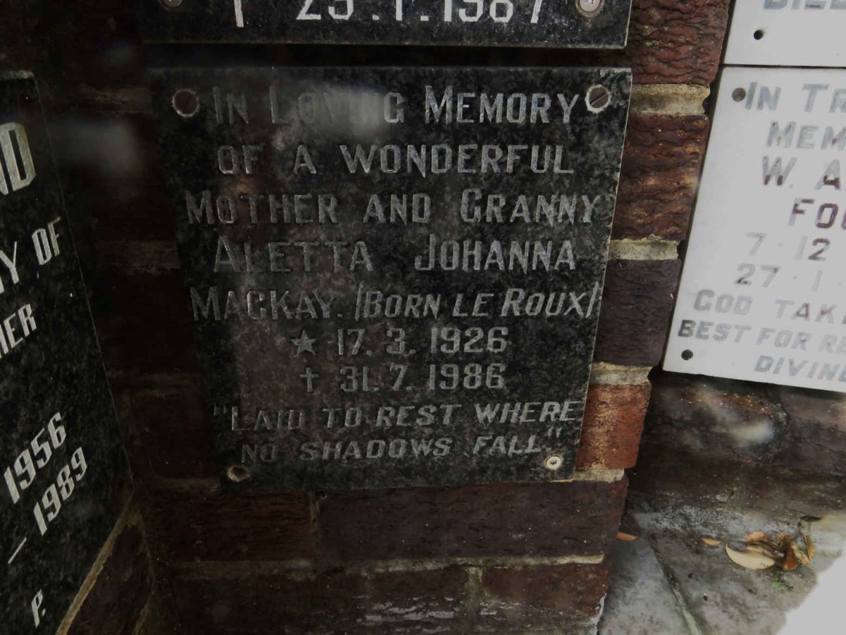 MACKAY Aletta Johanna nee LE ROUX 1926-1986