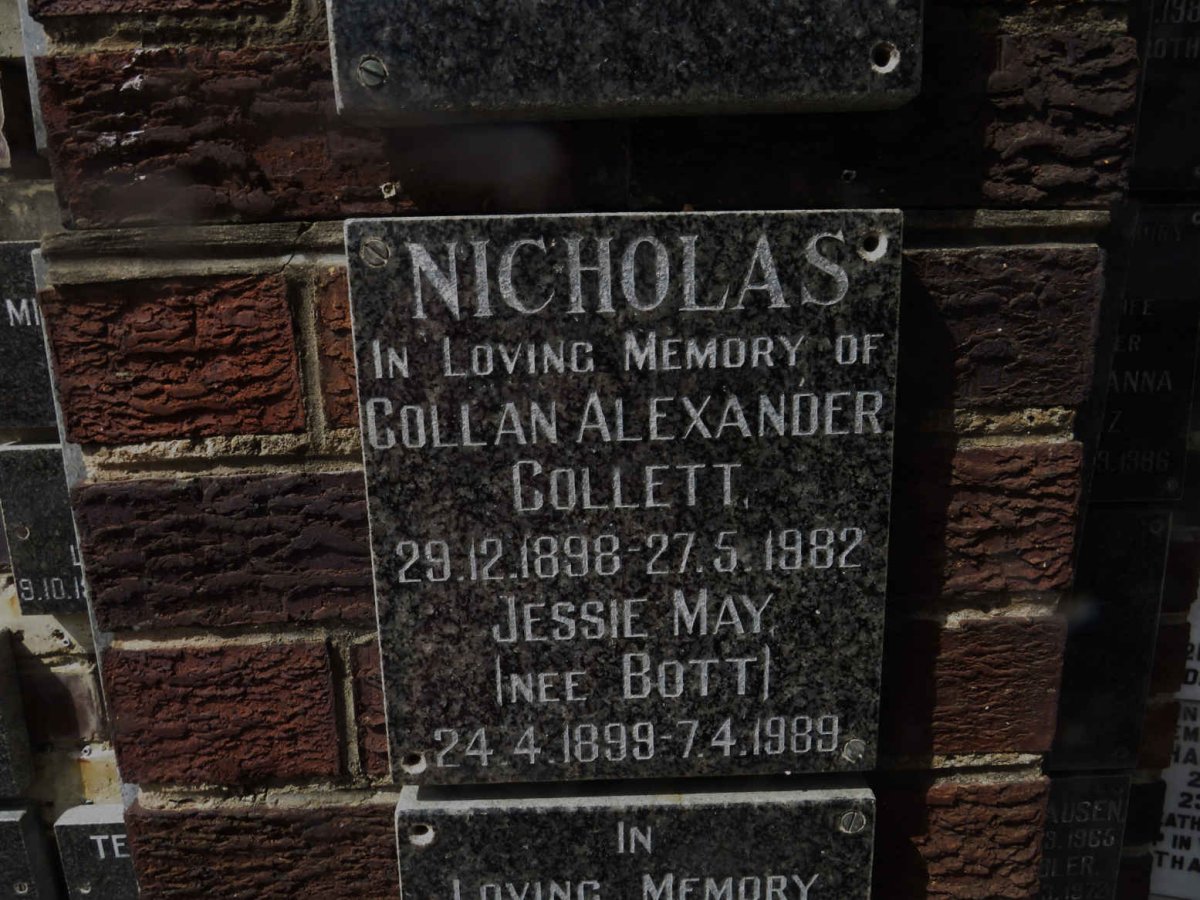 NICHOLAS Collan Alexander Collett 1898-1982 &amp; Jessie May BOTT 1899-1989