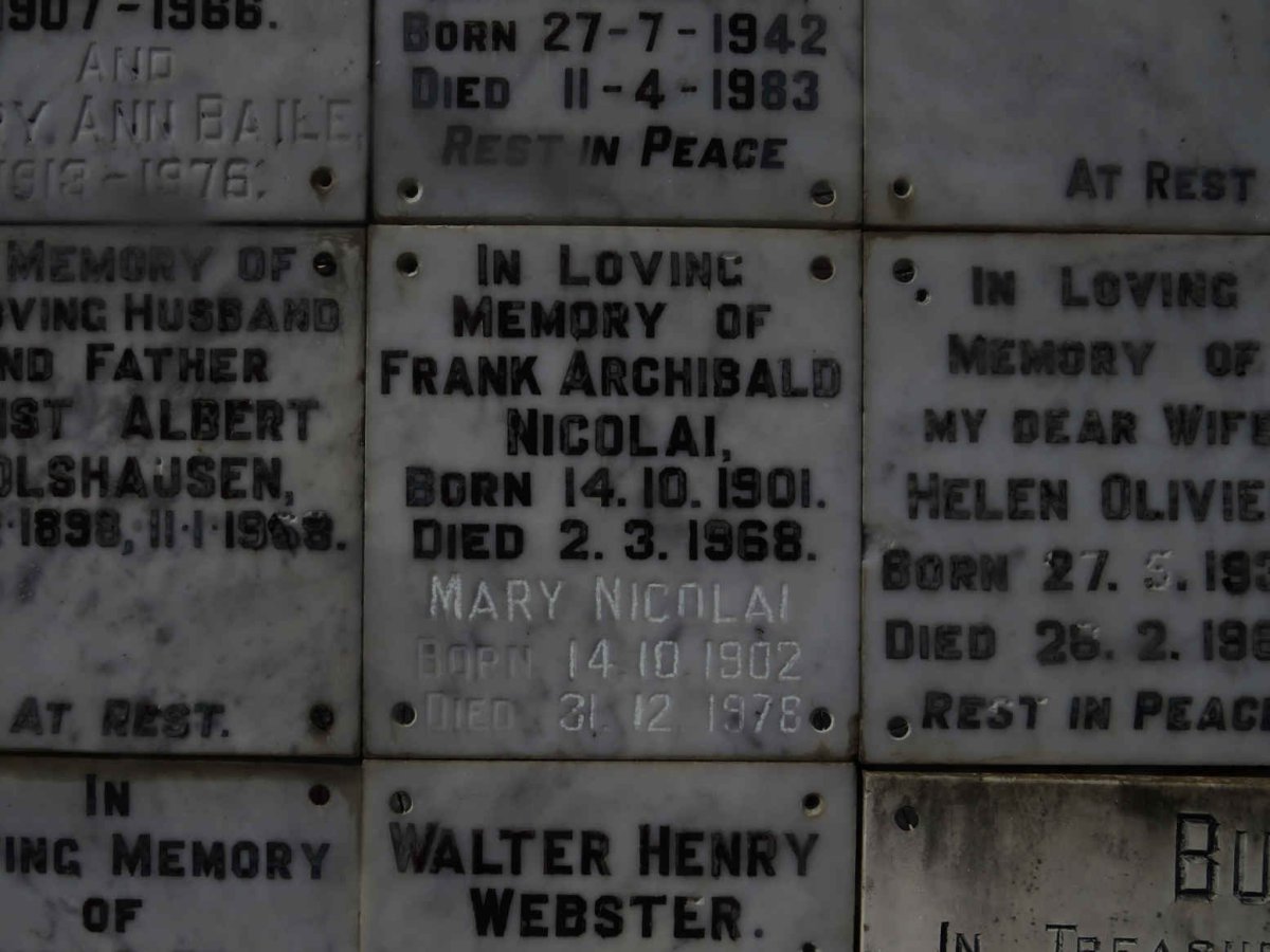 NICOLAI Frank Archibald 1901-1968 &amp; Mary 1902-1978