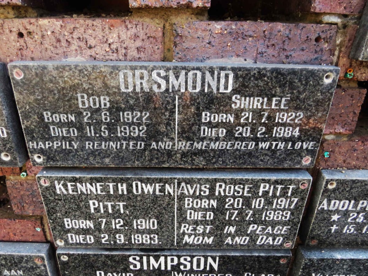 ORSMOND Bob 1922-1992 &amp; Shirlee 1922-1984
